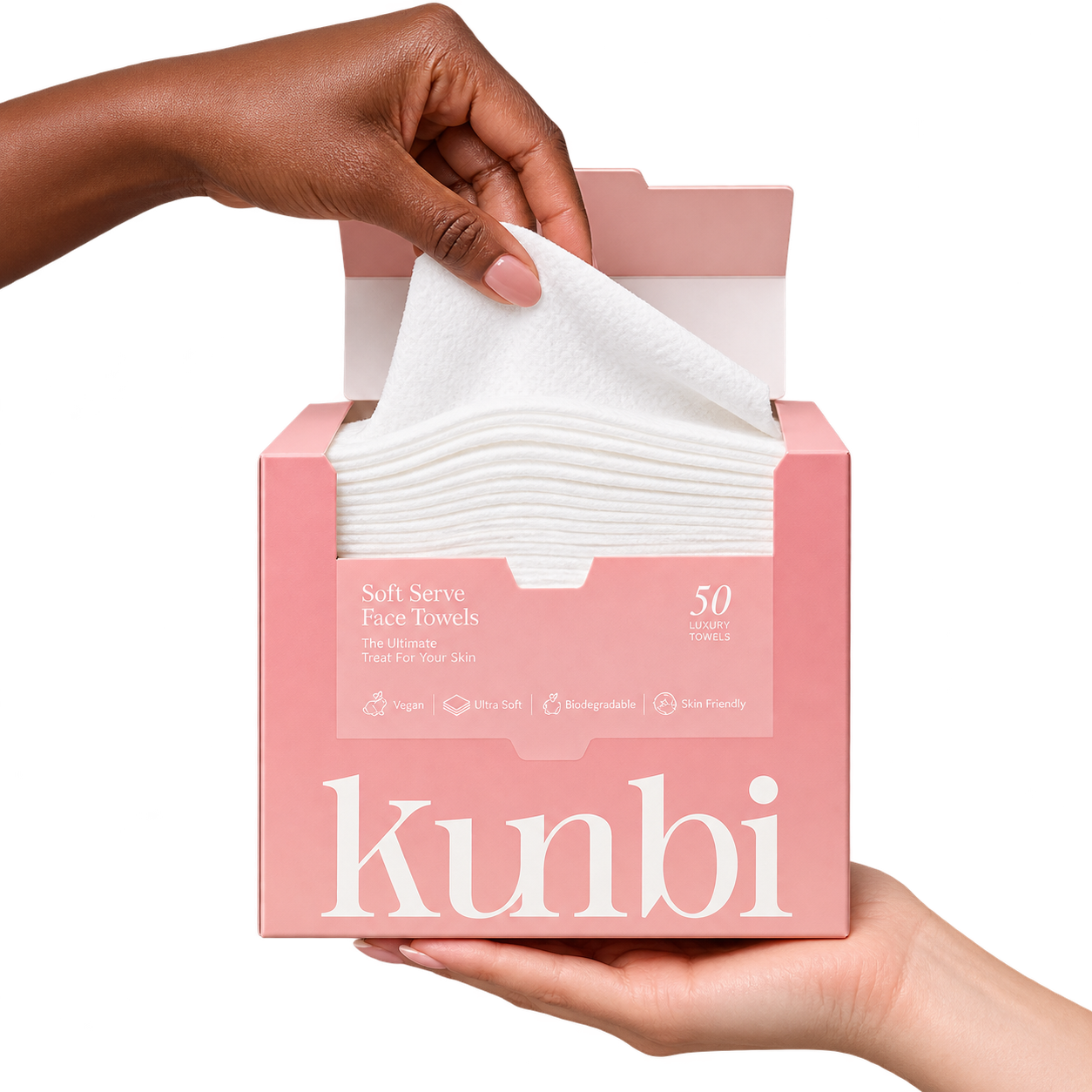 Kunbi Soft Serve Face Towels 50-pack held open by hand — real product photograph